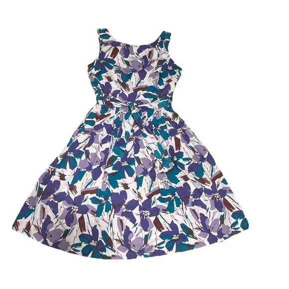 Carole Little 8 Floral pleated Cotton Sundress Purples Teal Fit & Flare preppy - Picture 1 of 13